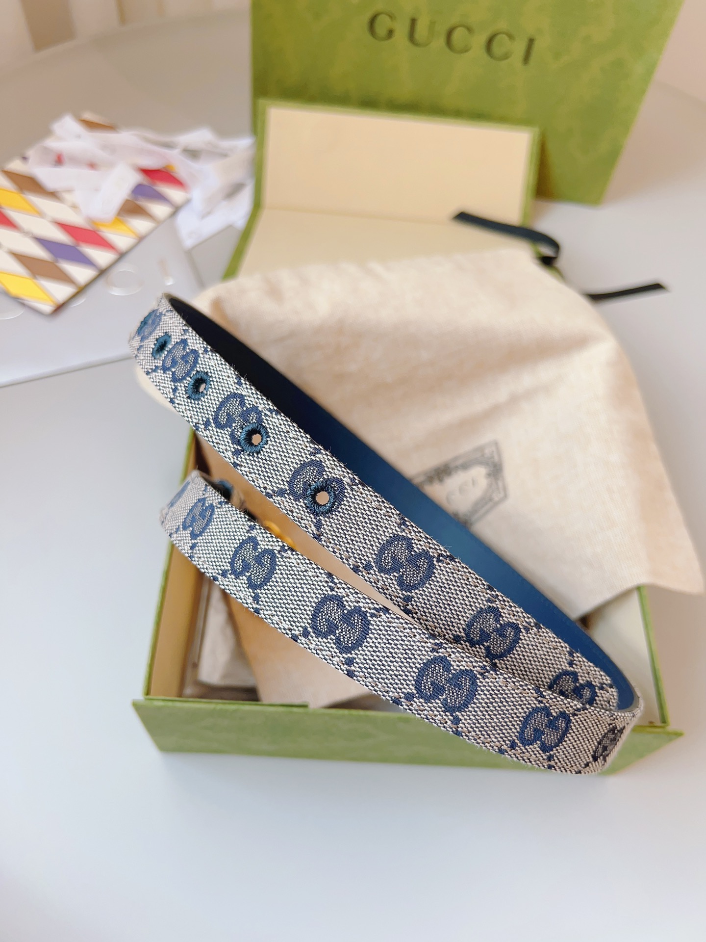 Gucci 구찌 GG 캔버스 블루 레더 트림 슬림 벨트 3