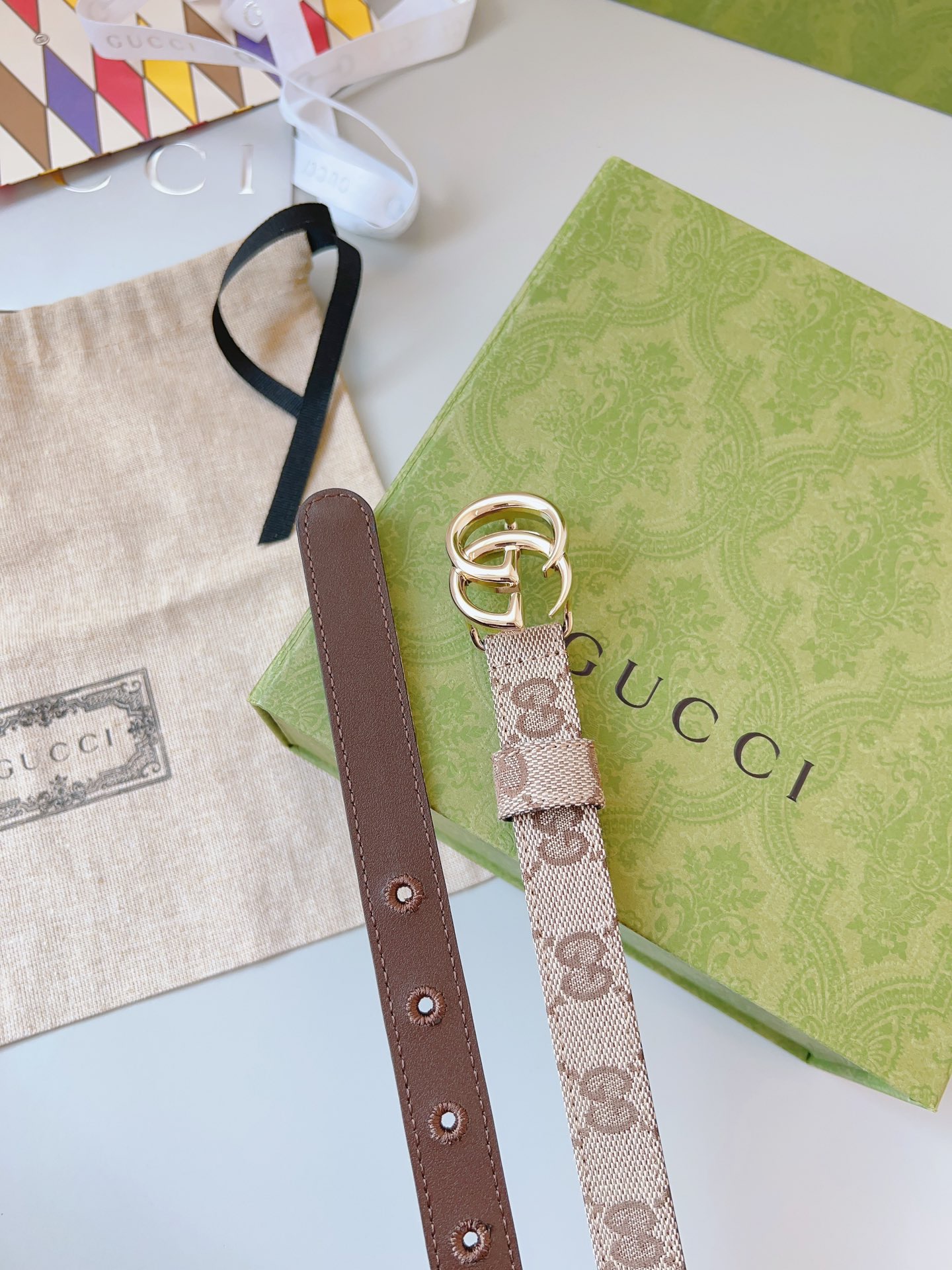 Gucci 구찌 GG 캔버스 블루 레더 트림 슬림 벨트 6