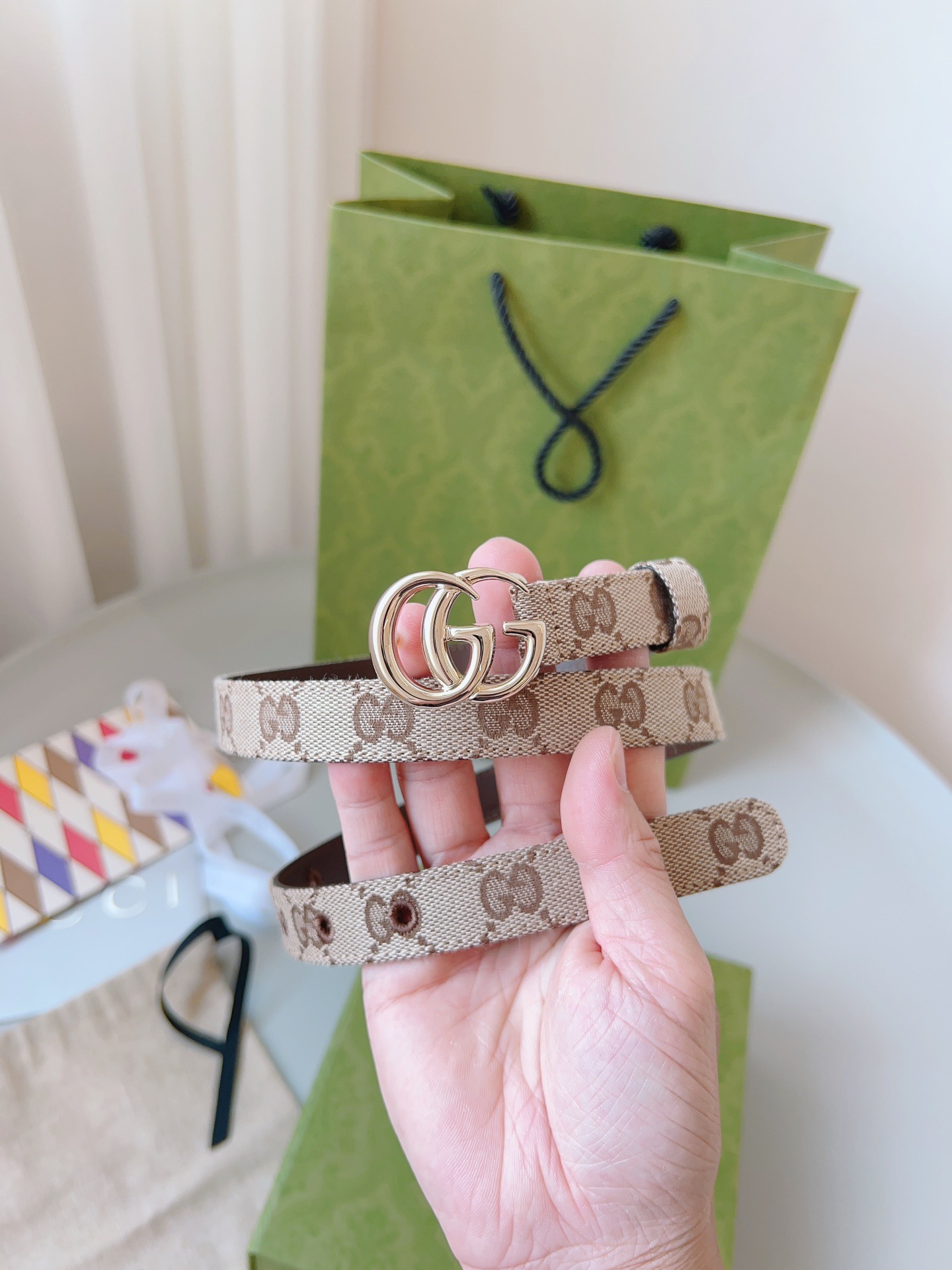 Gucci 구찌 GG 캔버스 블루 레더 트림 슬림 벨트 8