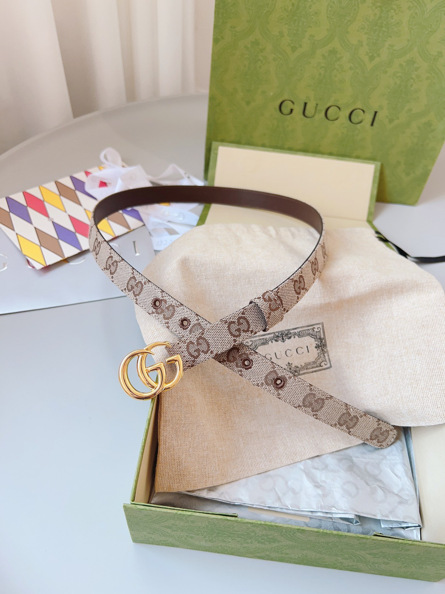 Gucci 구찌 GG 캔버스 블루 레더 트림 슬림 벨트 2