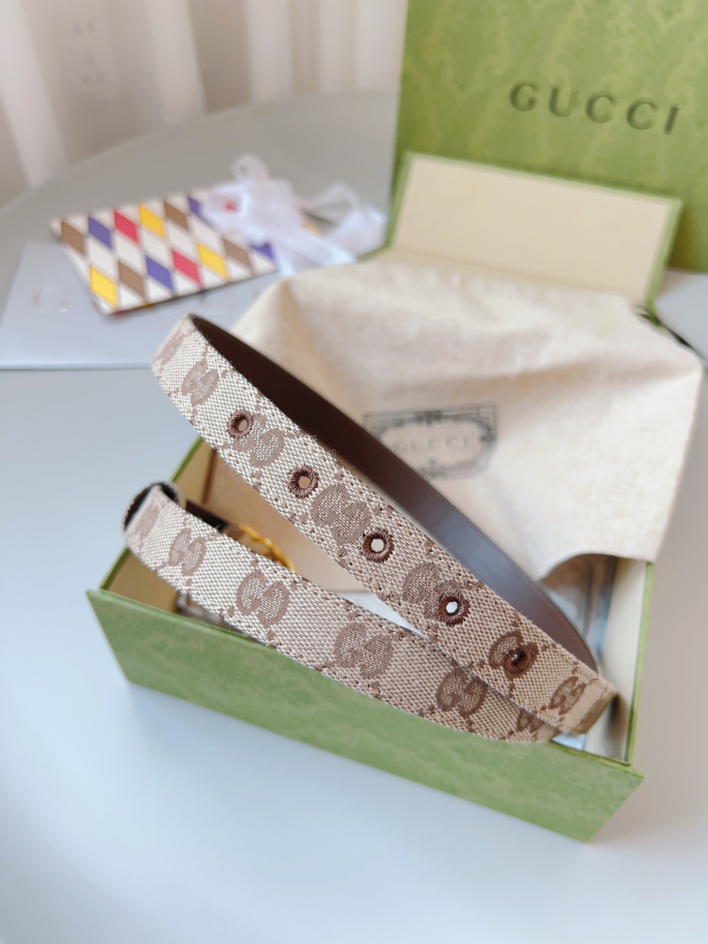 Gucci 구찌 GG 캔버스 블루 레더 트림 슬림 벨트 3