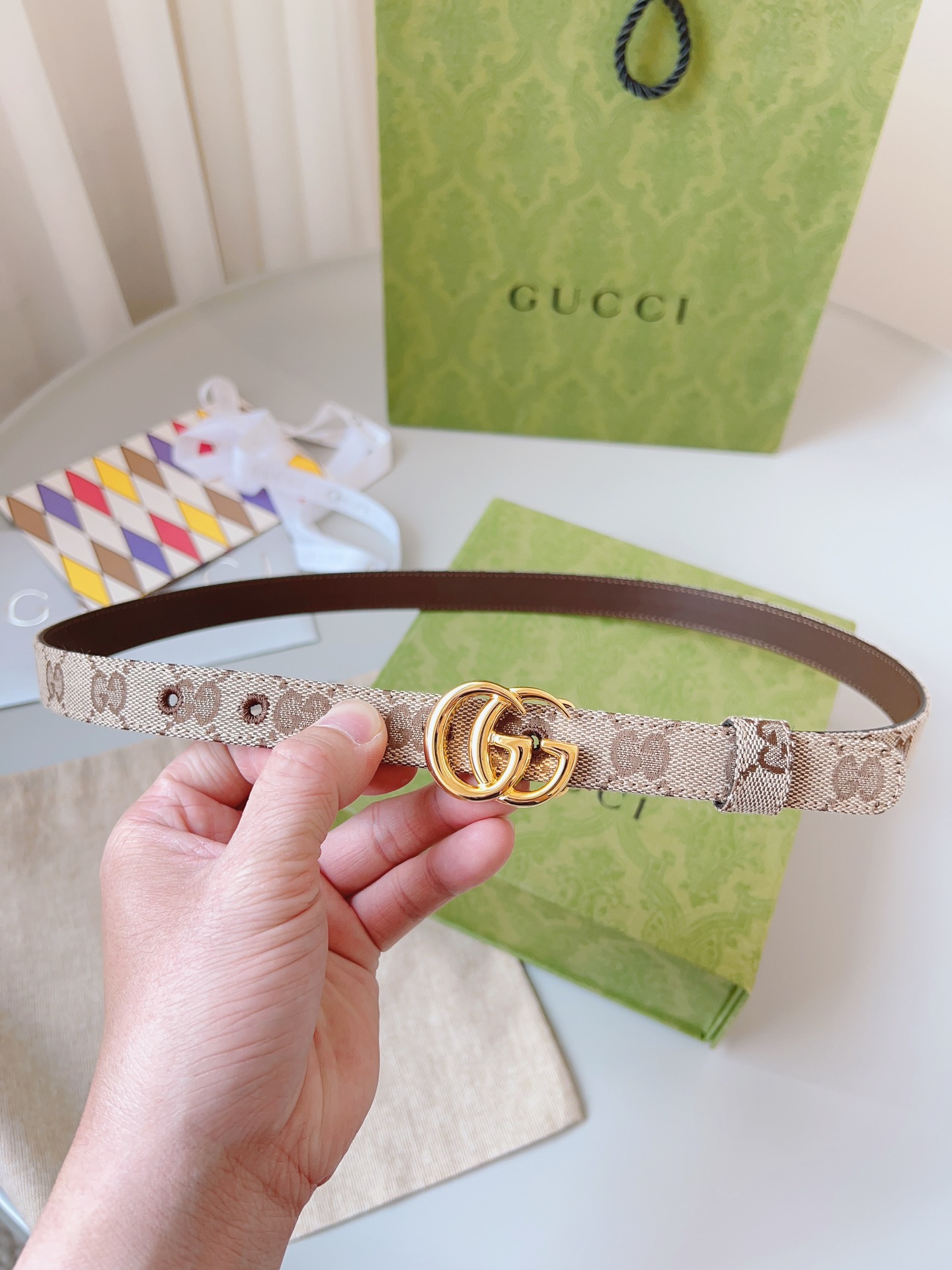 Gucci 구찌 GG 캔버스 블루 레더 트림 슬림 벨트 4