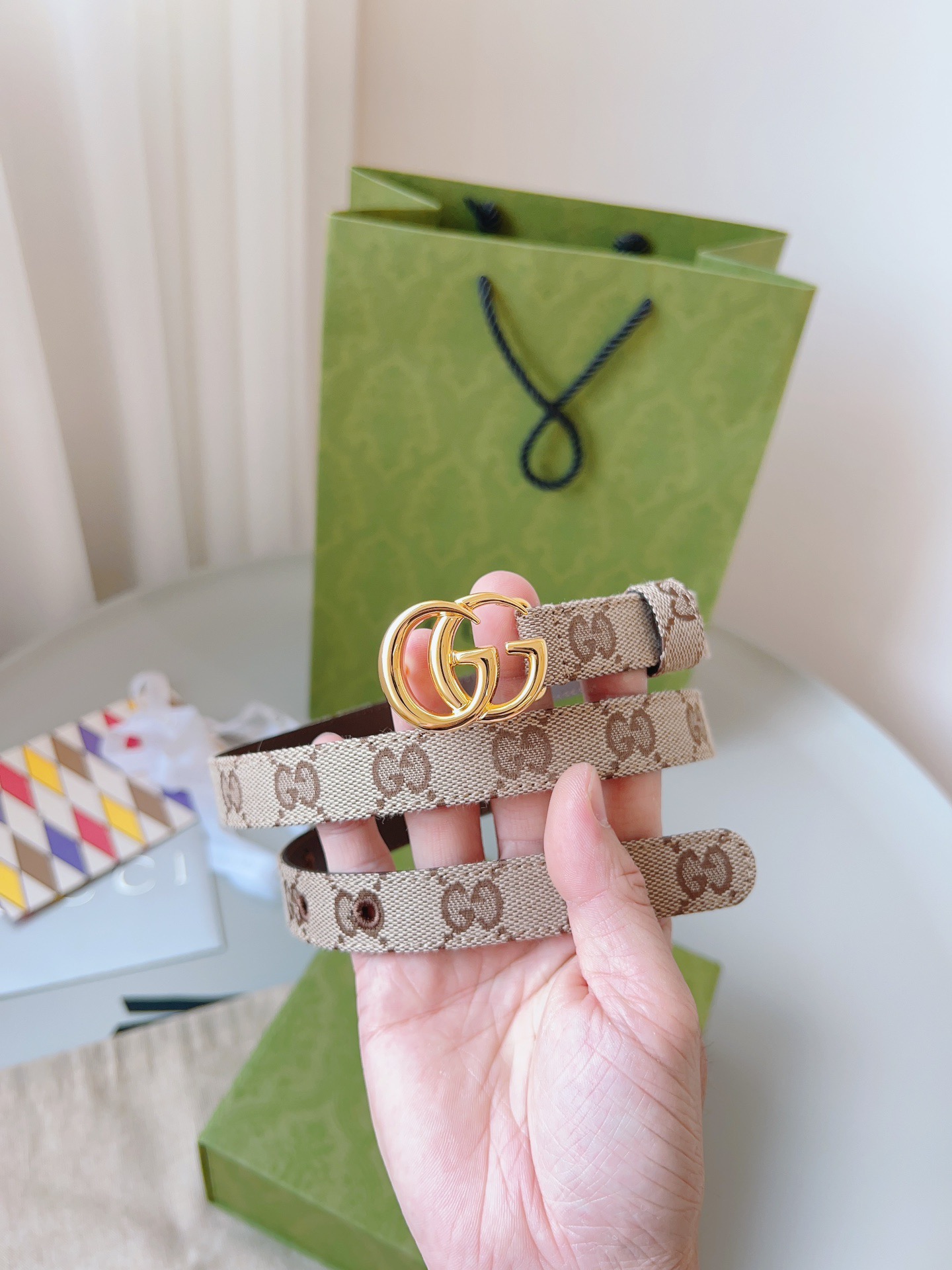 Gucci 구찌 GG 캔버스 블루 레더 트림 슬림 벨트 6