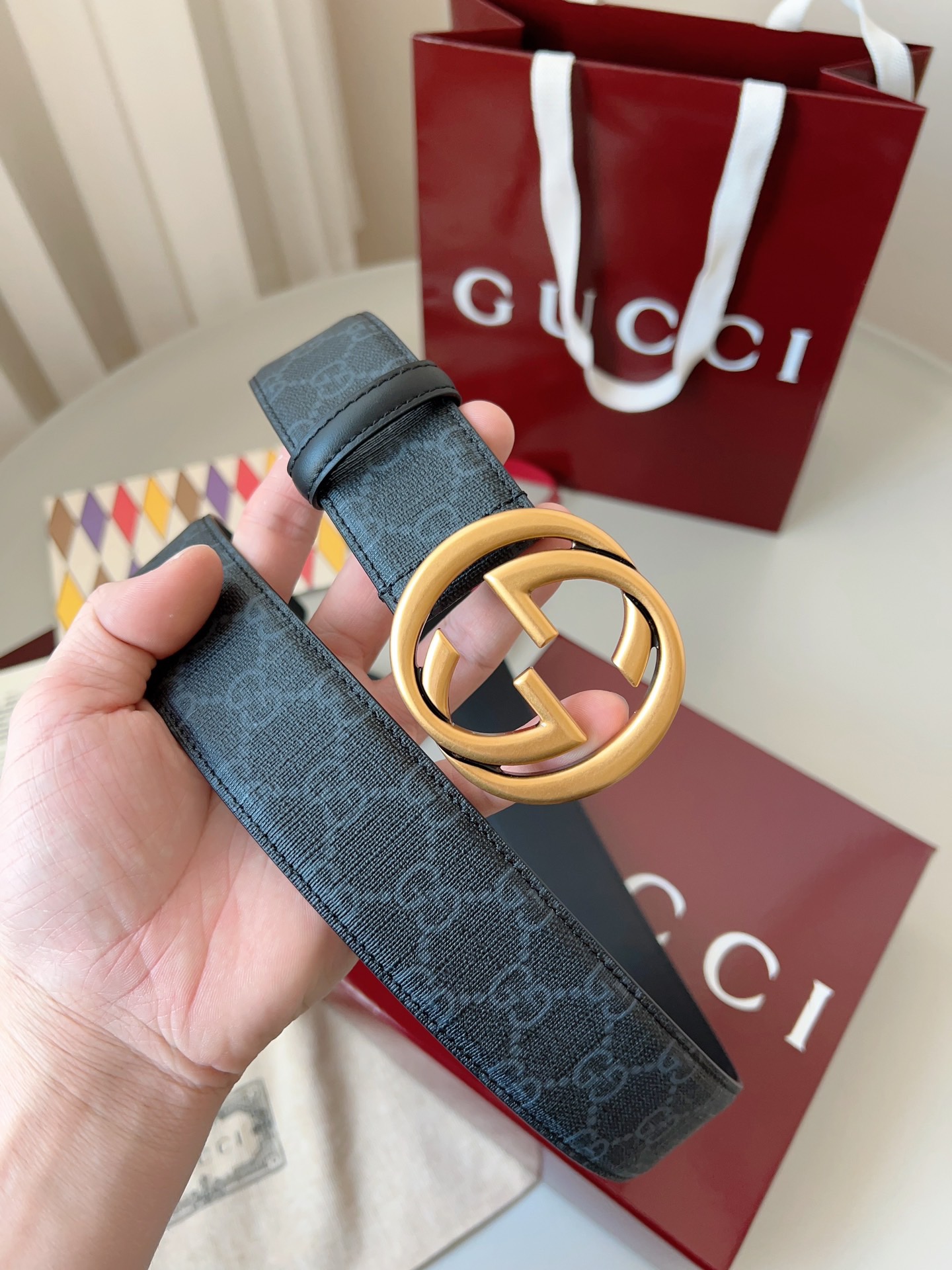 Gucci 구찌 GG 수프림 블랙 더블 G 버클 벨트 6