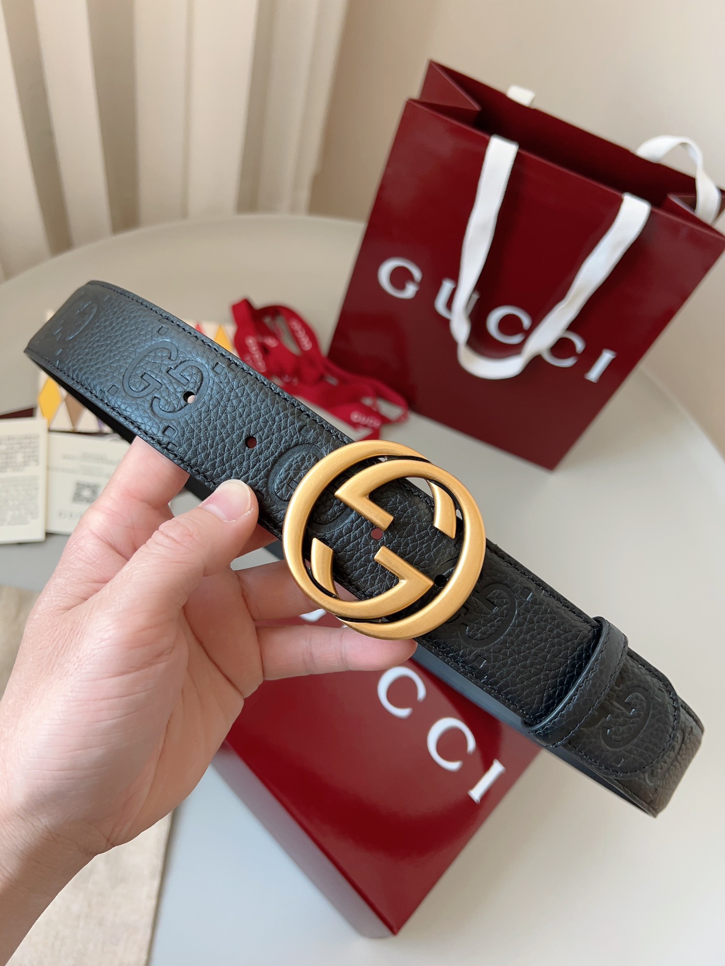 Gucci 구찌 블랙 GG 그레인 가죽 더블 G 버클 벨트 1