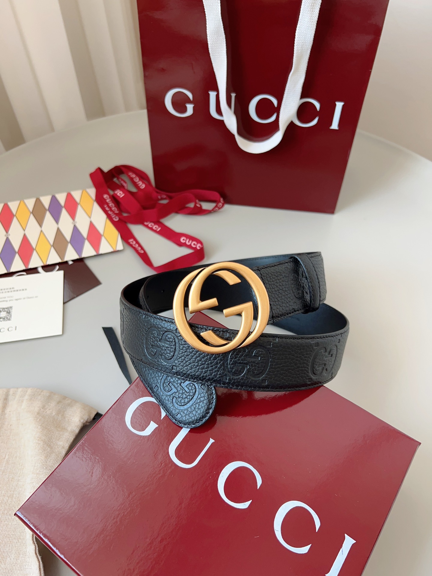 Gucci 구찌 블랙 GG 그레인 가죽 더블 G 버클 벨트 2