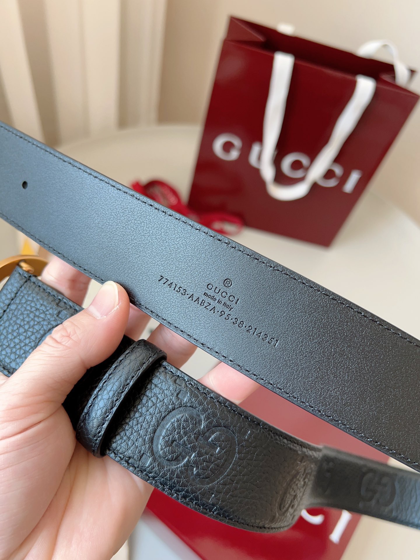 Gucci 구찌 블랙 GG 그레인 가죽 더블 G 버클 벨트 4