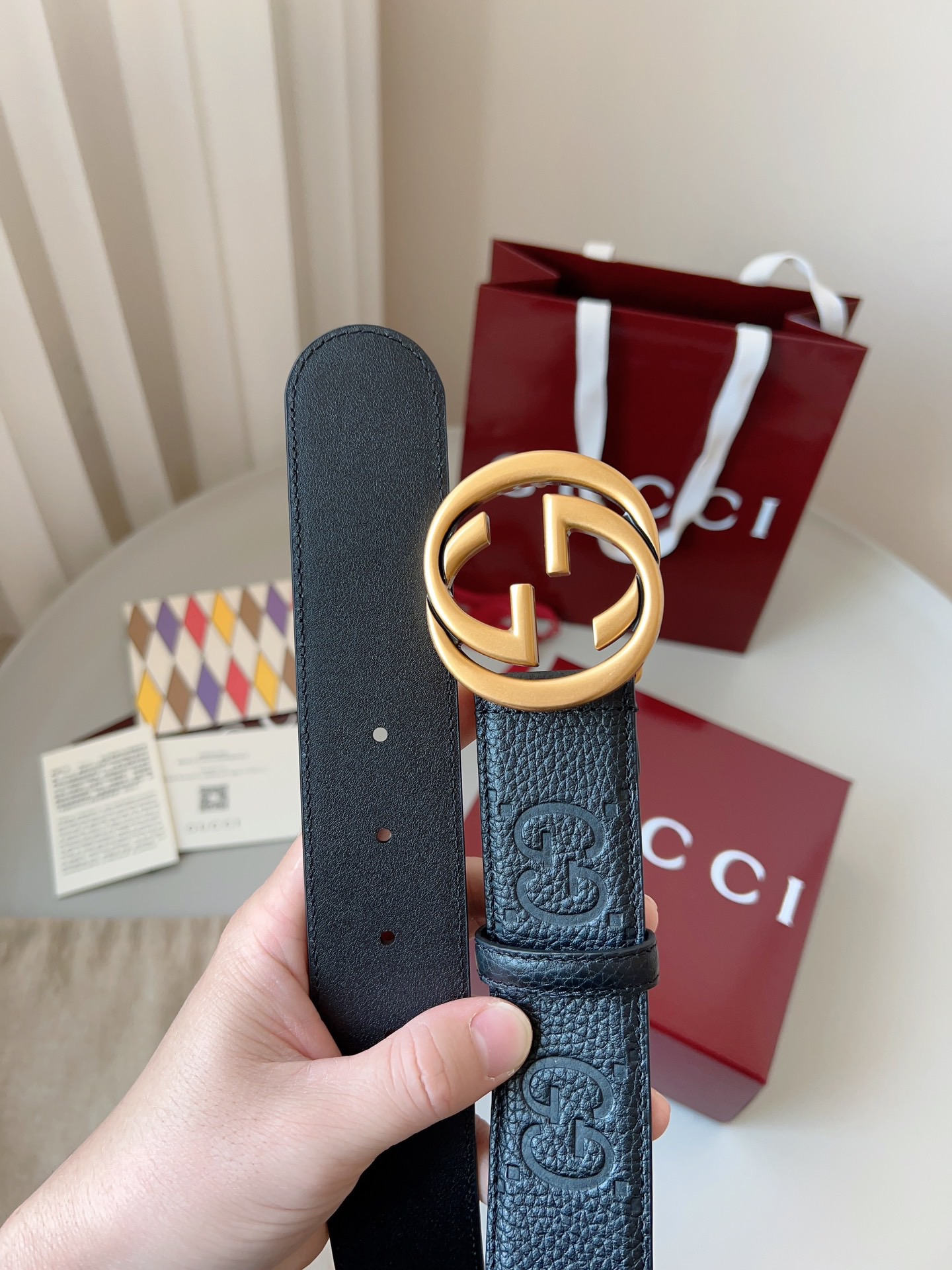 Gucci 구찌 블랙 GG 그레인 가죽 더블 G 버클 벨트 5