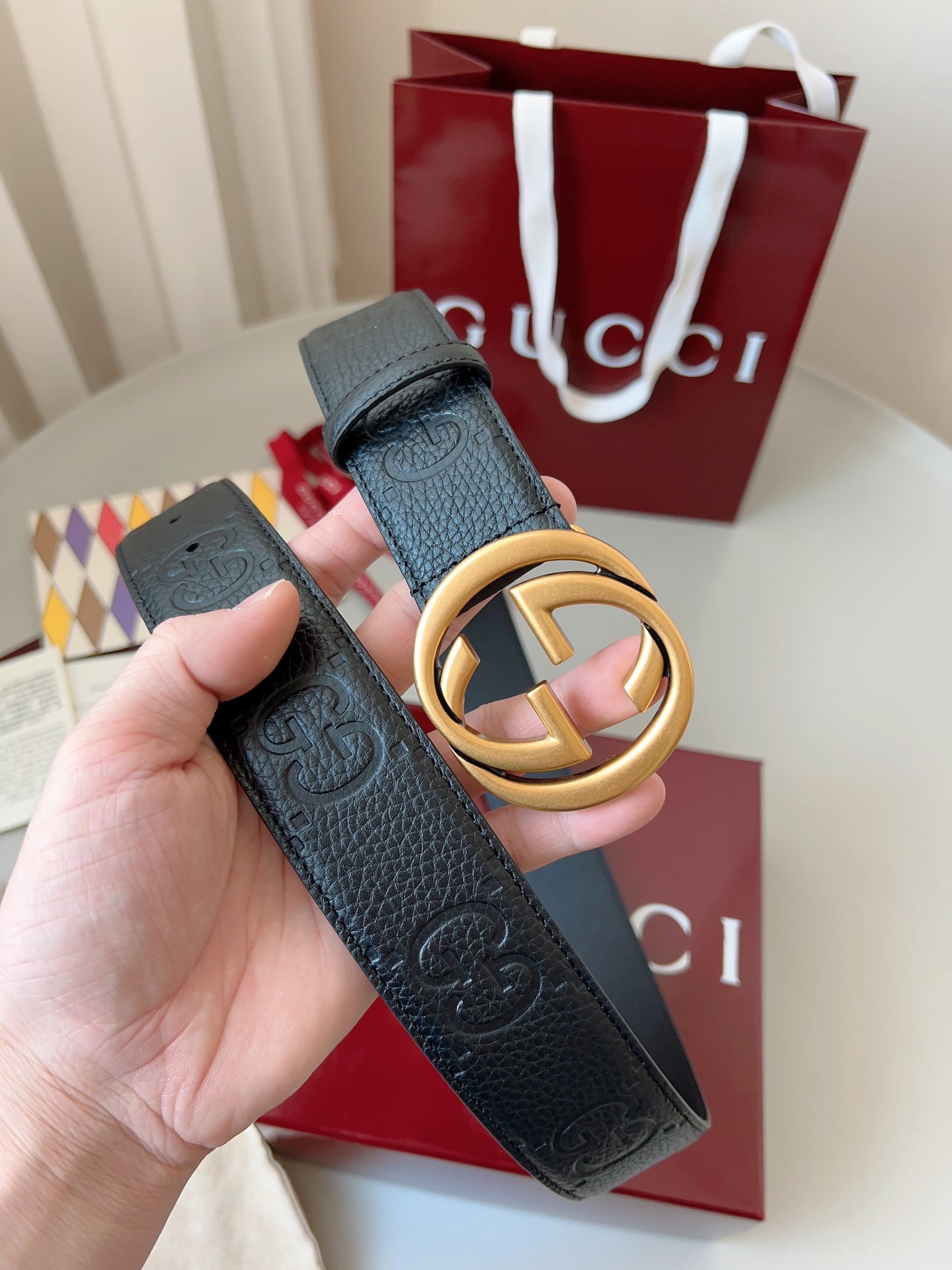 Gucci 구찌 블랙 GG 그레인 가죽 더블 G 버클 벨트 6