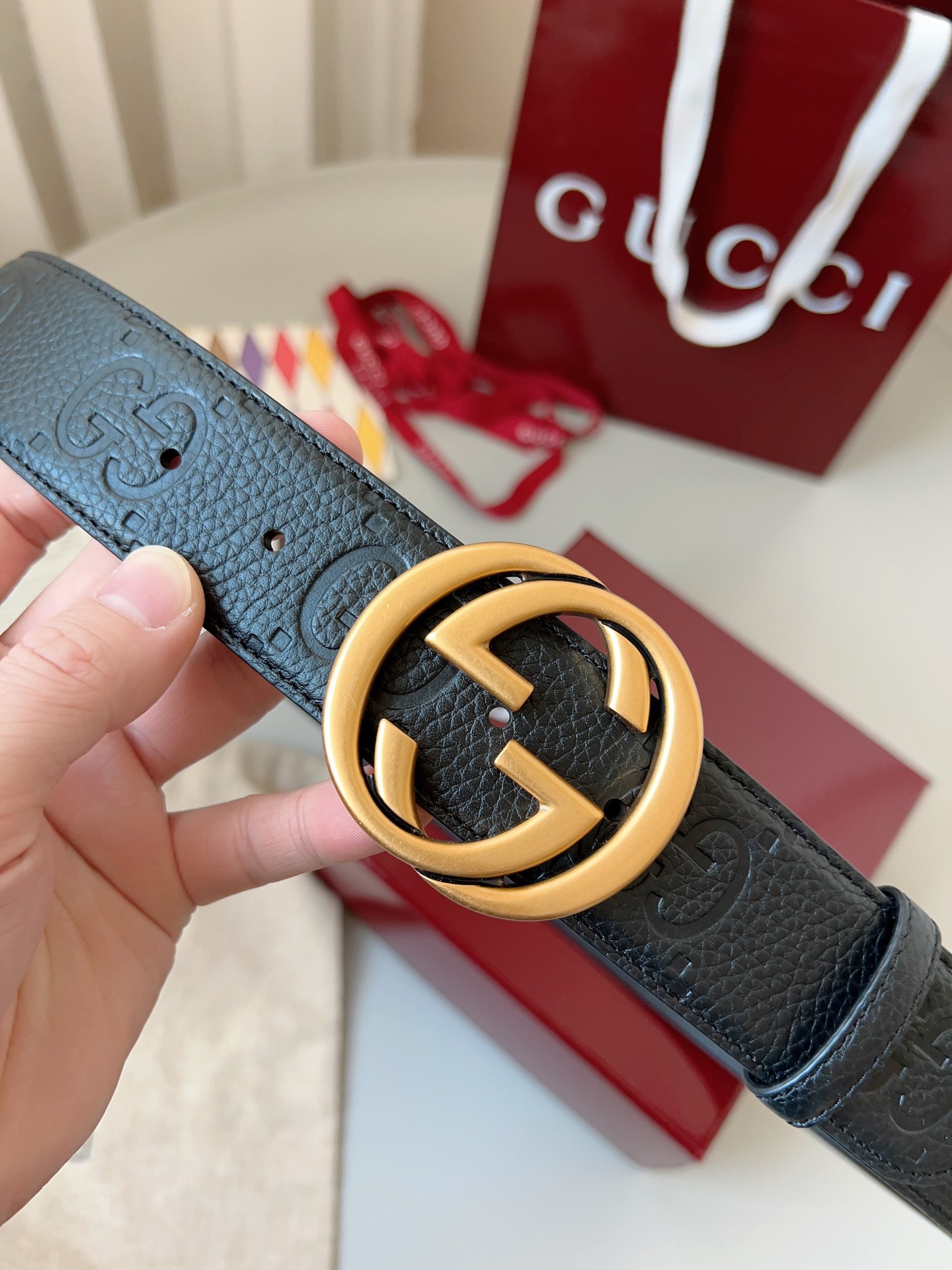 Gucci 구찌 블랙 GG 그레인 가죽 더블 G 버클 벨트 7