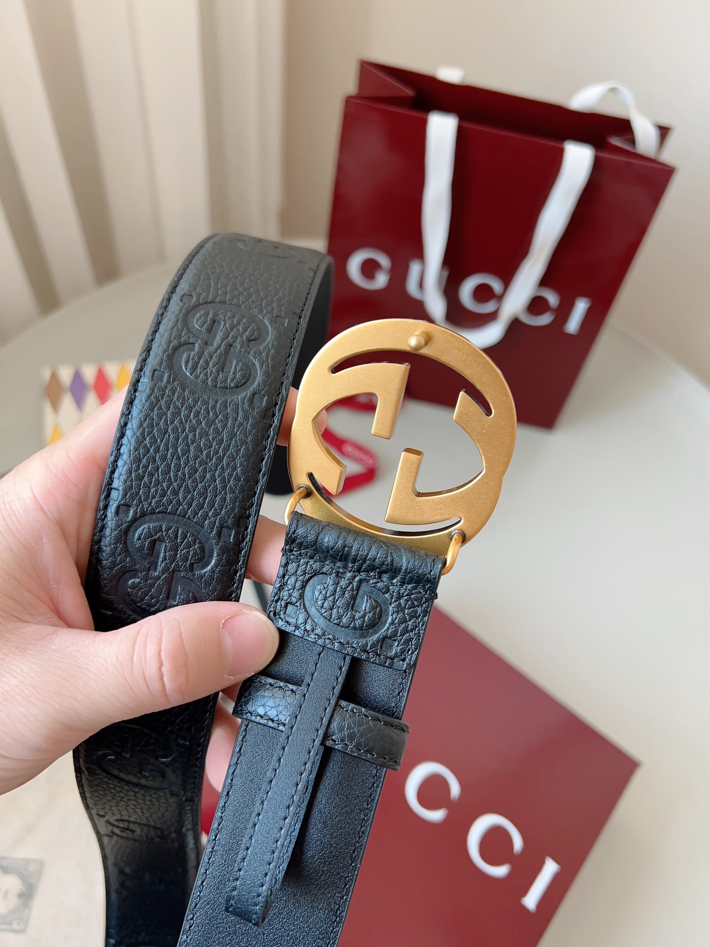 Gucci 구찌 블랙 GG 그레인 가죽 더블 G 버클 벨트 8