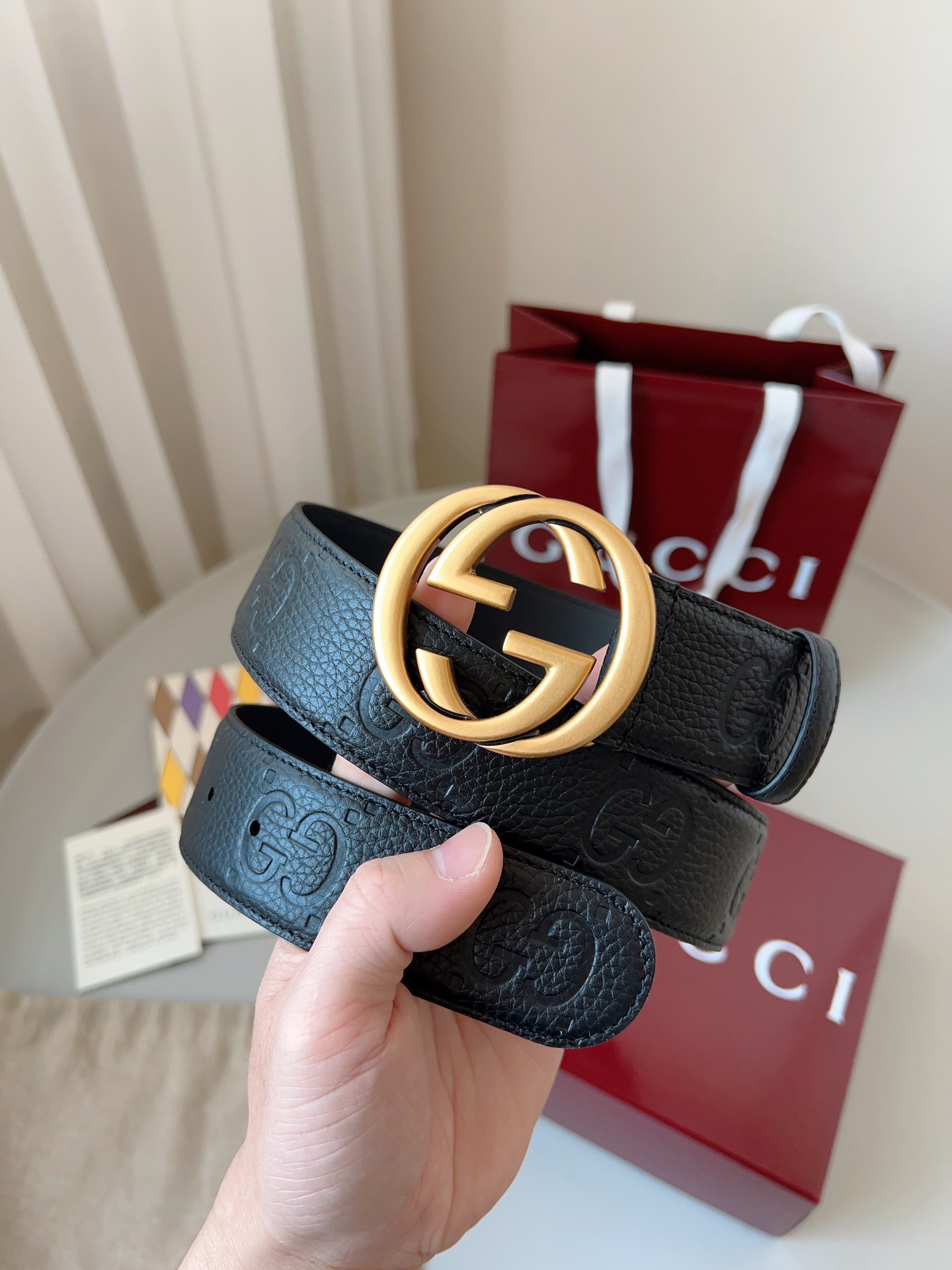 Gucci 구찌 블랙 GG 그레인 가죽 더블 G 버클 벨트 9