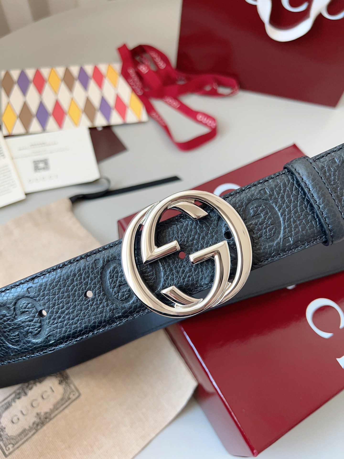 Gucci 구찌 블랙 GG 그레인 가죽 더블 G 버클 벨트 5