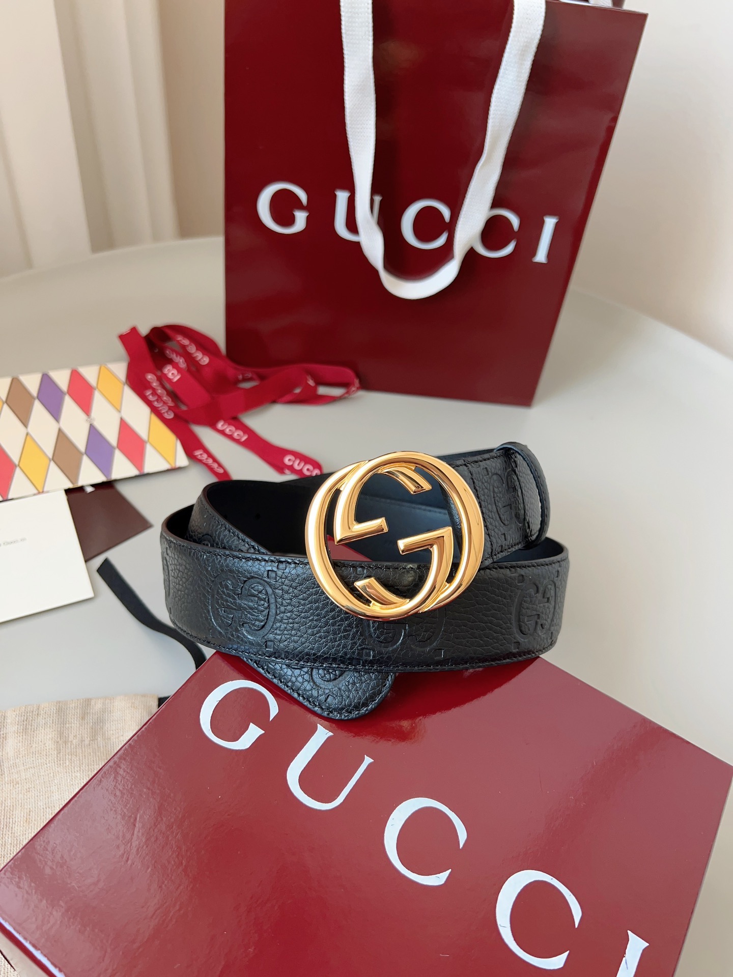 Gucci 구찌 블랙 GG 그레인 가죽 더블 G 버클 벨트 9