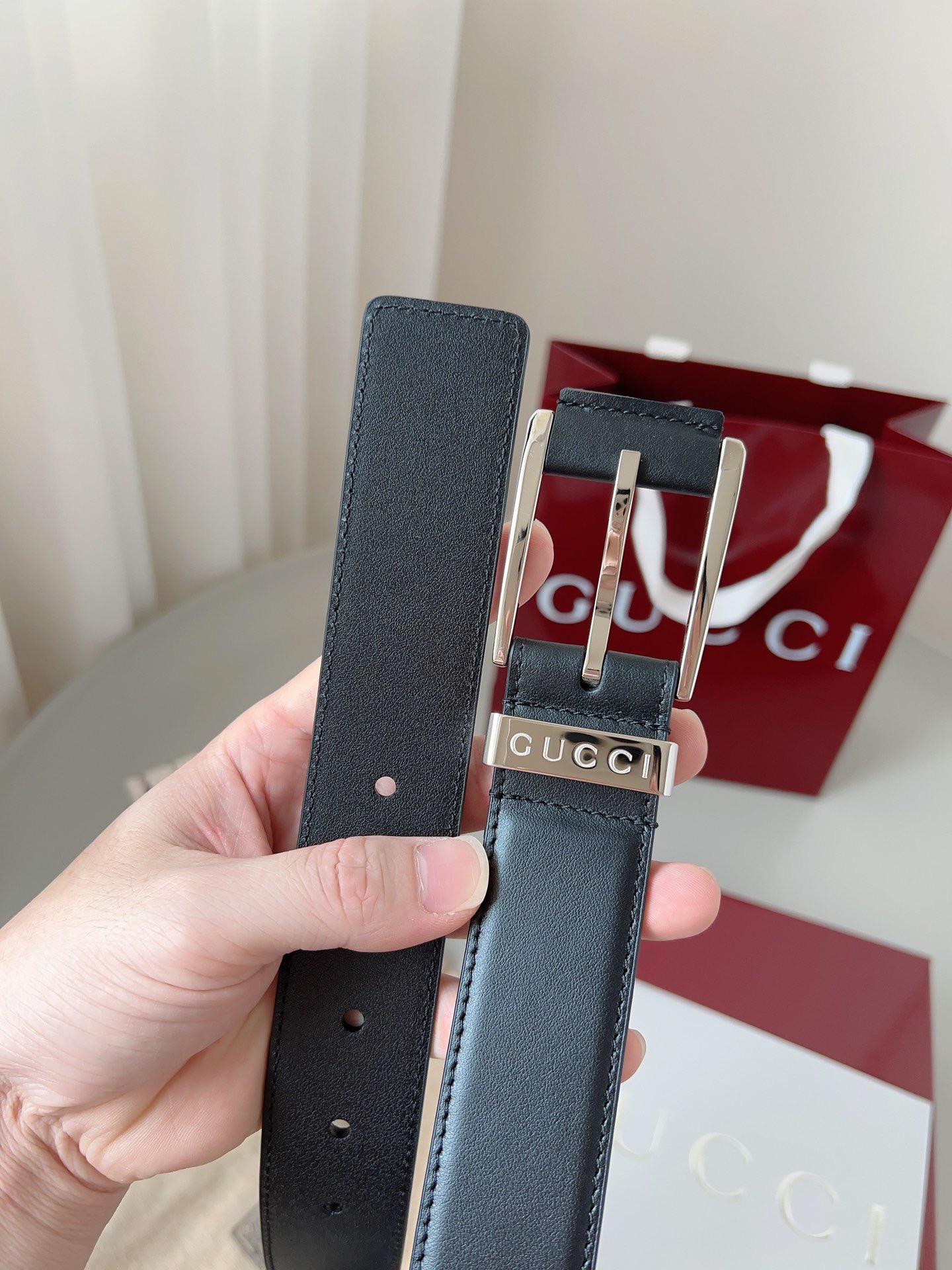 Gucci 구찌 블랙 가죽 스퀘어 버클 벨트 9