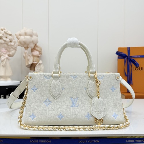 Louis Vuitton OnTheGo East West 루이비통 온더고 이스트 웨스트 M27577 모노그램 앙프렝트 아웃라인 엠보싱 가죽 블루 스트로베리 밀크 25cm