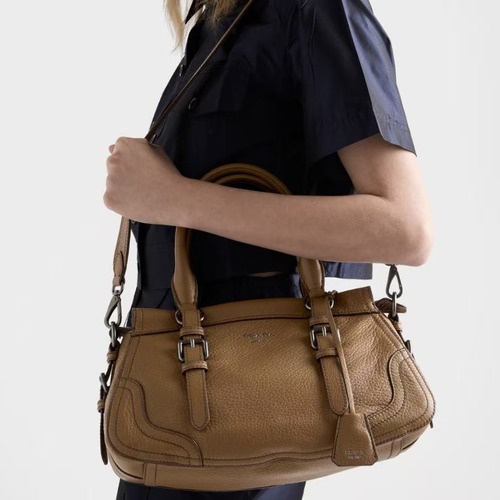 Prada Leather Top-Handle Shoulder Bag 프라다 가죽 탑핸들 내추럴 그레인카프스킨 숄더백 1BG604 브라운 35cm