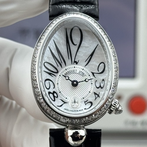 Breguet Reine de Naples Diamond Bezel 브레게 레인 드 네이플 다이아 베젤 여성 오벌 워치 블랙 스트랩 실버베젤 자개다이얼 25mm