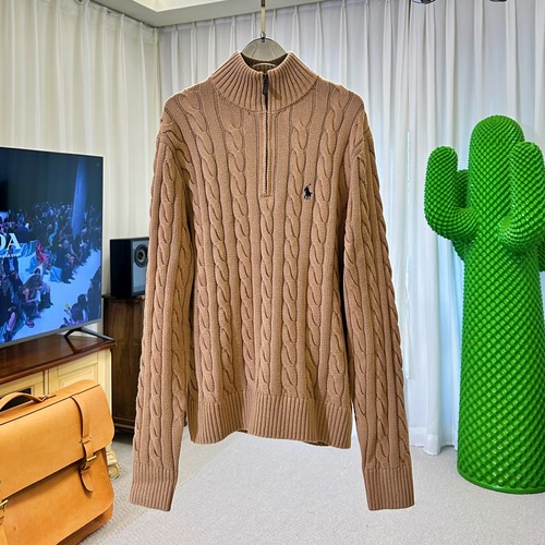 RALPH LAUREN 폴로 랄프 로렌 케이블 니트 하프집업 스탠드카라 스웨터 베이지