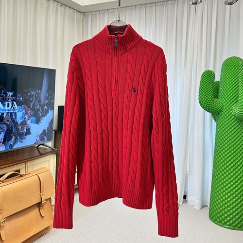 RALPH LAUREN 폴로 랄프 로렌 케이블 니트 하프집업 스탠드카라 스웨터 레드