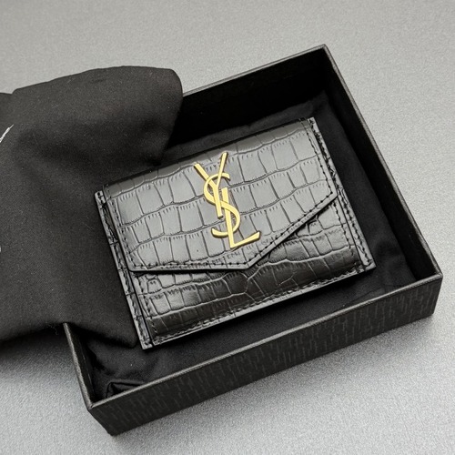 Saint Laurent Uptown Crocodile-Embossed Leather Card Case 생로랑 업타운 크로커다일 엠보싱 가죽 플랩 카드지갑 블랙 10.5cm