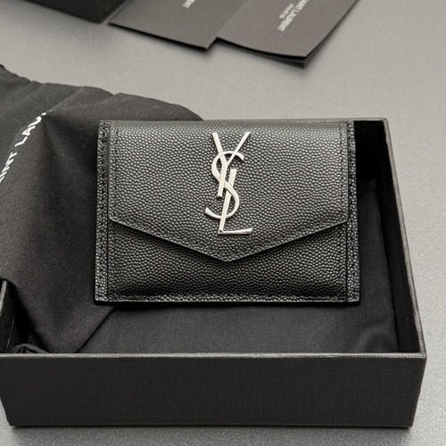 Saint Laurent Uptown Caviar Leather Card Case 생로랑 업타운 캐비어 가죽 플랩 카드지갑 블랙 은장 10.5cm