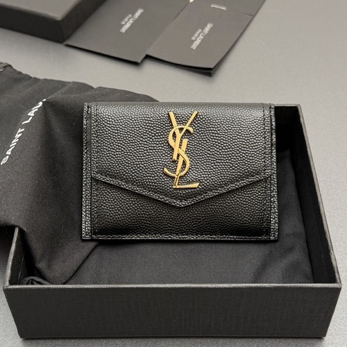 Saint Laurent Uptown Caviar Leather Card Case 생로랑 업타운 캐비어 가죽 플랩 카드지갑 블랙 금장 10.5cm