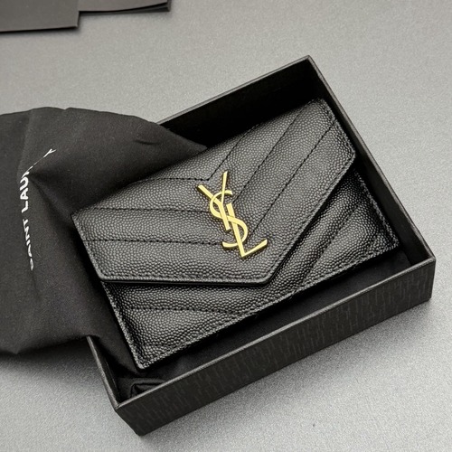 Saint Laurent Matelassé Envelope Leather Chain Card Wallet 생로랑 마틀라쎄 엔벨로프 가죽 플랩 체인 카드지갑 블랙 금장 13cm