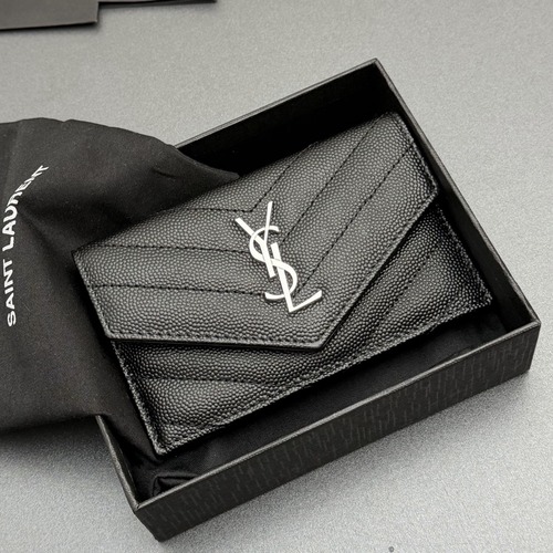 Saint Laurent Matelassé Envelope Leather Chain Card Wallet 생로랑 마틀라쎄 엔벨로프 가죽 플랩 체인 카드지갑 블랙 은장 13cm