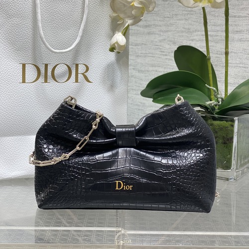 Dior Lambskin Chain Bag 디올 램스킨 체인백 블랙 크로커다일 엠보싱 보우 디테일 27cm