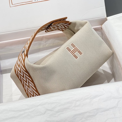 Hermès Bride-A-Brac Pouch 에르메스 브리드아브락 파우치 토일 캔버스 & 자수 H 디테일 베이지/브라운 25cm
