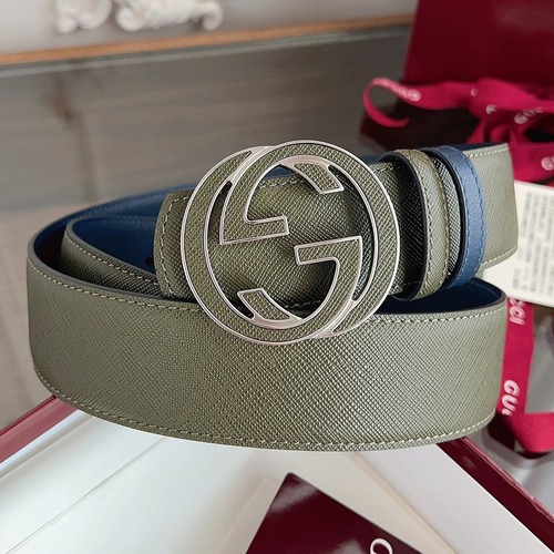 GUCCI Interlocking G Reversible 구찌 인터로킹 G 리버서블 레더 벨트 카키/블루 4cm