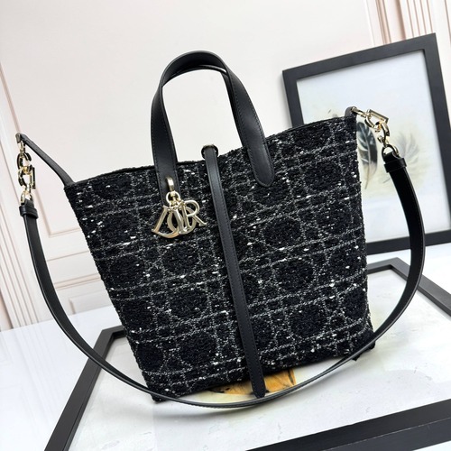 Dior Toujours Small Tote Bag Black Check Tweed 디올 뚜주흐 스몰 토트백 블랙 체크 트위드 23cm