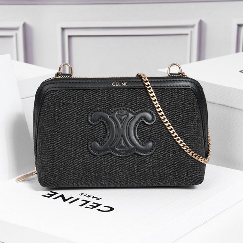 CELINE Triomphe Canvas Chain Shoulder Bag 셀린느 트리옹프 캔버스 체인 숄더백 10E382 블랙 16.5cm