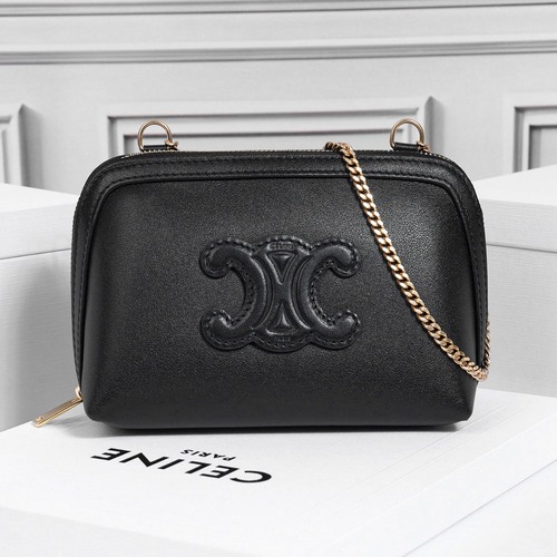 CELINE Triomphe Embossed Leather Chain Shoulder Bag 셀린느 트리옹프 엠보스드 레더 체인 숄더백 10E383 블랙 16.5cm