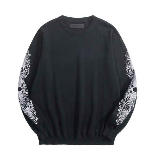 Chrome Hearts Floral Sleeve Embroidered Wool Blend Knit Sweater 크롬하츠 플로럴 슬리브 자수 울 혼방 니트 스웨터 블랙