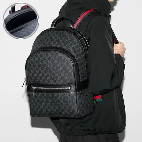Gucci GG Supreme Backpack 구찌 GG 수프림 백팩 792123 블랙 GG 코팅 패브릭 그린/레드 웹 44cm