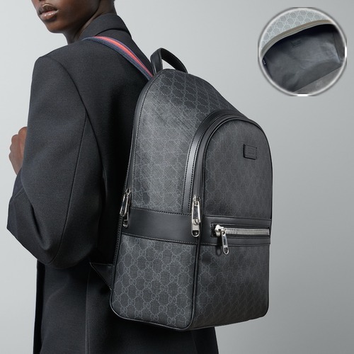 Gucci GG Supreme Backpack 구찌 GG 수프림 백팩 771158 블랙 GG 코팅 패브릭 그린/레드 웹 28cm