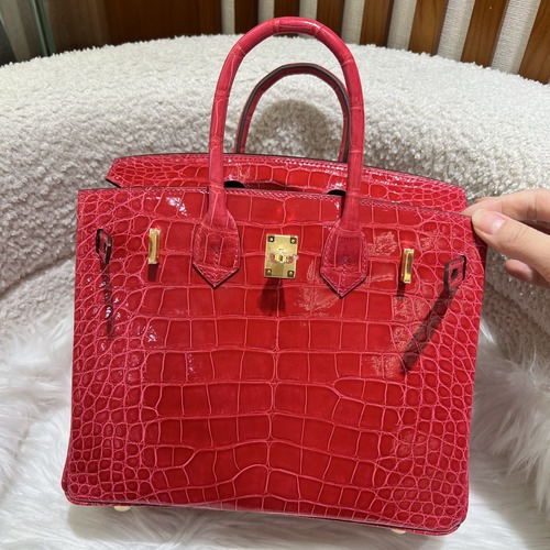 Hermes Birkin 25 Shiny Crocodile Leather J5 Purple Gold Hardware 25cm 에르메스 버킨 25 샤이니 악어가죽 J5 레드 금장 25cm