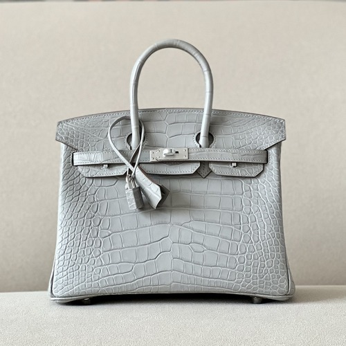 Hermès Birkin 25 Semi-Matte Crocodile Leather 80 Pearl Gray Palladium Hardware 25cm 에르메스 버킨 25 세미매트 악어가죽 80 펄그레이 은장 25cm