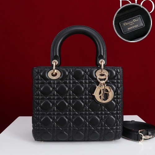 Lady Dior Medium Bag Cannage Calfskin M0565 레이디디올 미디엄 카나쥬 카프스킨 토트백 블랙 금장 24cm