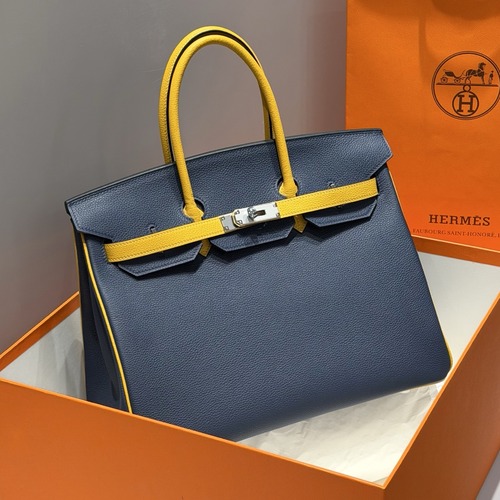 Hermes Birkin 35 Togo Leather Navy Blue Jaune Amber 에르메스 버킨 35 토고 가죽 네이비 블루 주느 앰버 35cm