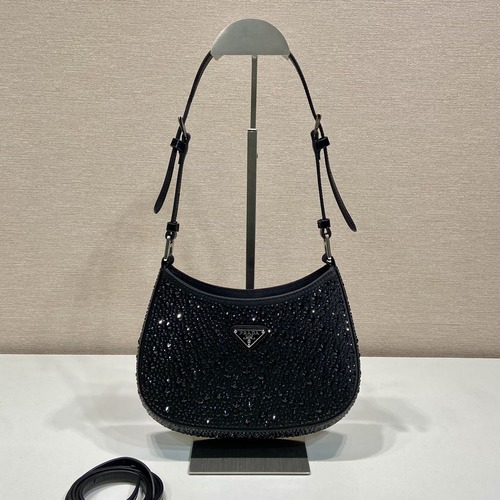 Prada Cleo Satin Crystal Shoulder 프라다 클레오 새틴 크리스탈 숄더백 1BC169 블랙 22cm