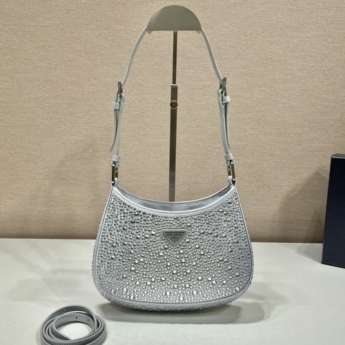 Prada Cleo Satin Crystal Shoulder 프라다 클레오 새틴 크리스탈 숄더백 1BC169 그레이 22cm