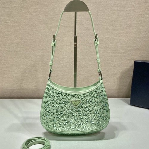 Prada Cleo Satin Crystal Shoulder 프라다 클레오 새틴 크리스탈 숄더백 1BC169 그린 22cm