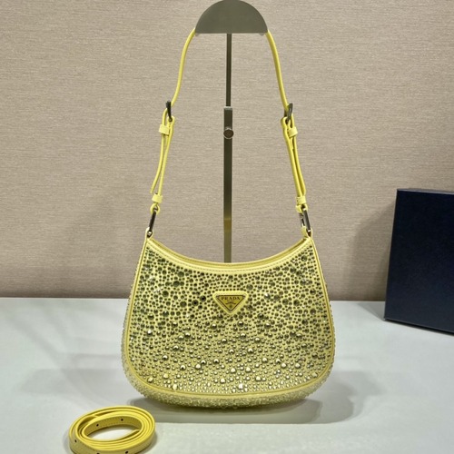 Prada Cleo Satin Crystal Shoulder 프라다 클레오 새틴 크리스탈 숄더백 1BC169 파스텔옐로우 22cm