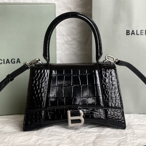 Balenciaga Crocodile Embossed Calfskin Hourglass 발렌시아가 크로커다일 엠보스드 카프스킨 아워글래스 탑핸들백 블랙 은장 23cm