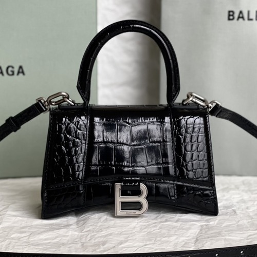 Balenciaga Crocodile Embossed Calfskin Hourglass 발렌시아가 크로커다일 엠보스드 카프스킨 아워글래스 탑핸들백 블랙 은장 21cm