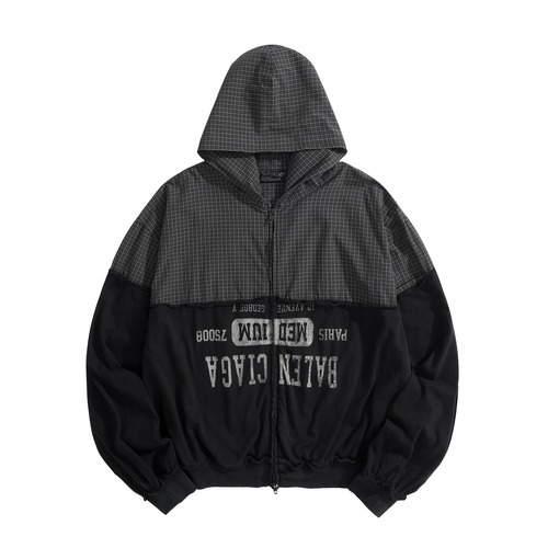 Balenciaga Check Patchwork Zip-Up Hoodie 발렌시아가 체크 패치워크 집업 후디