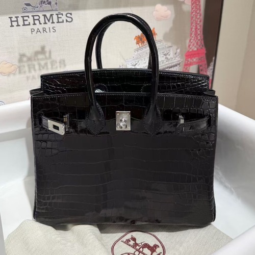 Hermès Birkin 25 Black Niloticus Crocodile Bag 에르메스 버킨 25 블랙 나일로틱 크로커다일 토트백 은장 (제작기간 12일) 25cm 